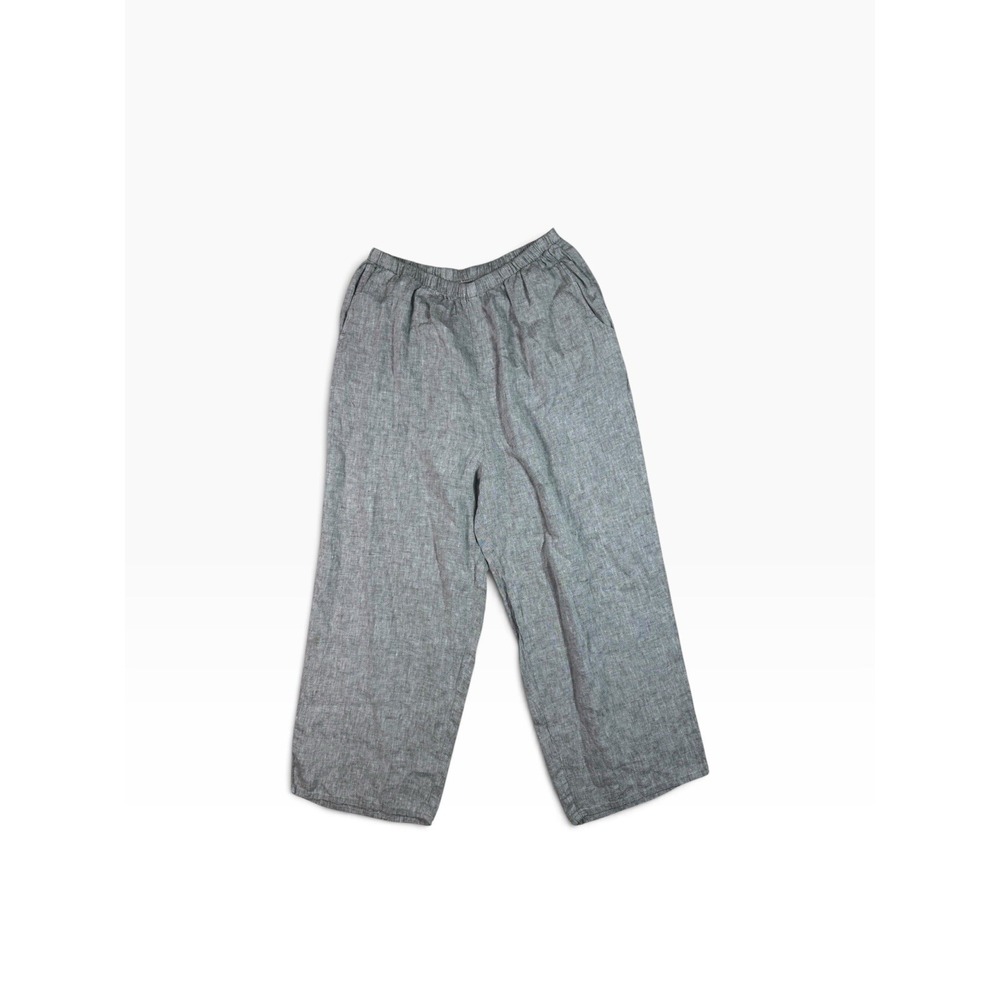 FLAX Pants Womens Large Gray Linen Cropped Wide Leg Elastic Waist Casual